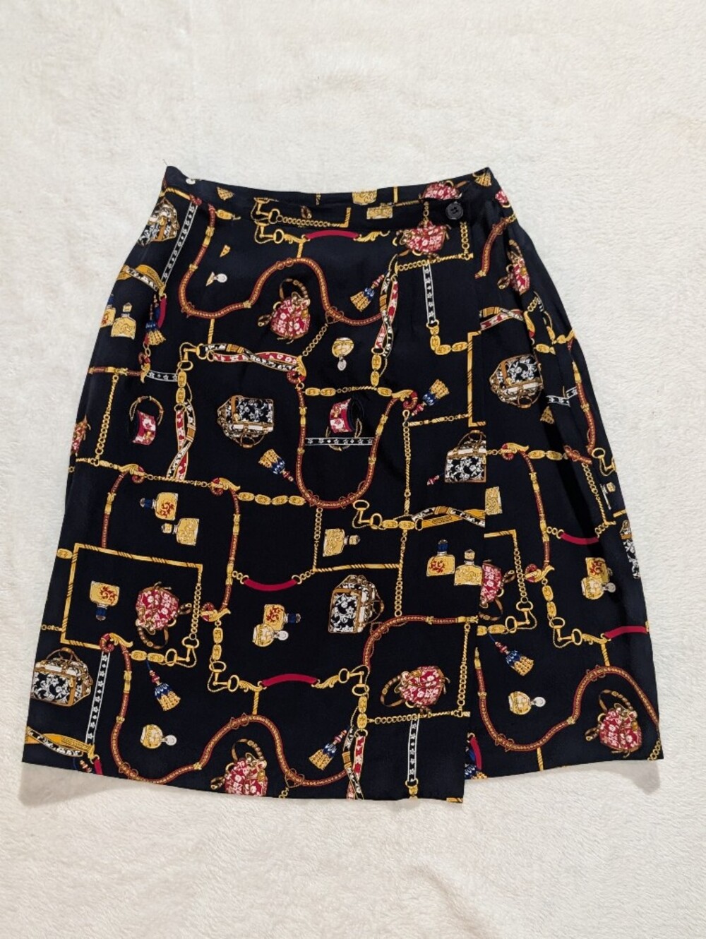 Beautiful Vintage Navy Chain Print 100% Silk Skirt